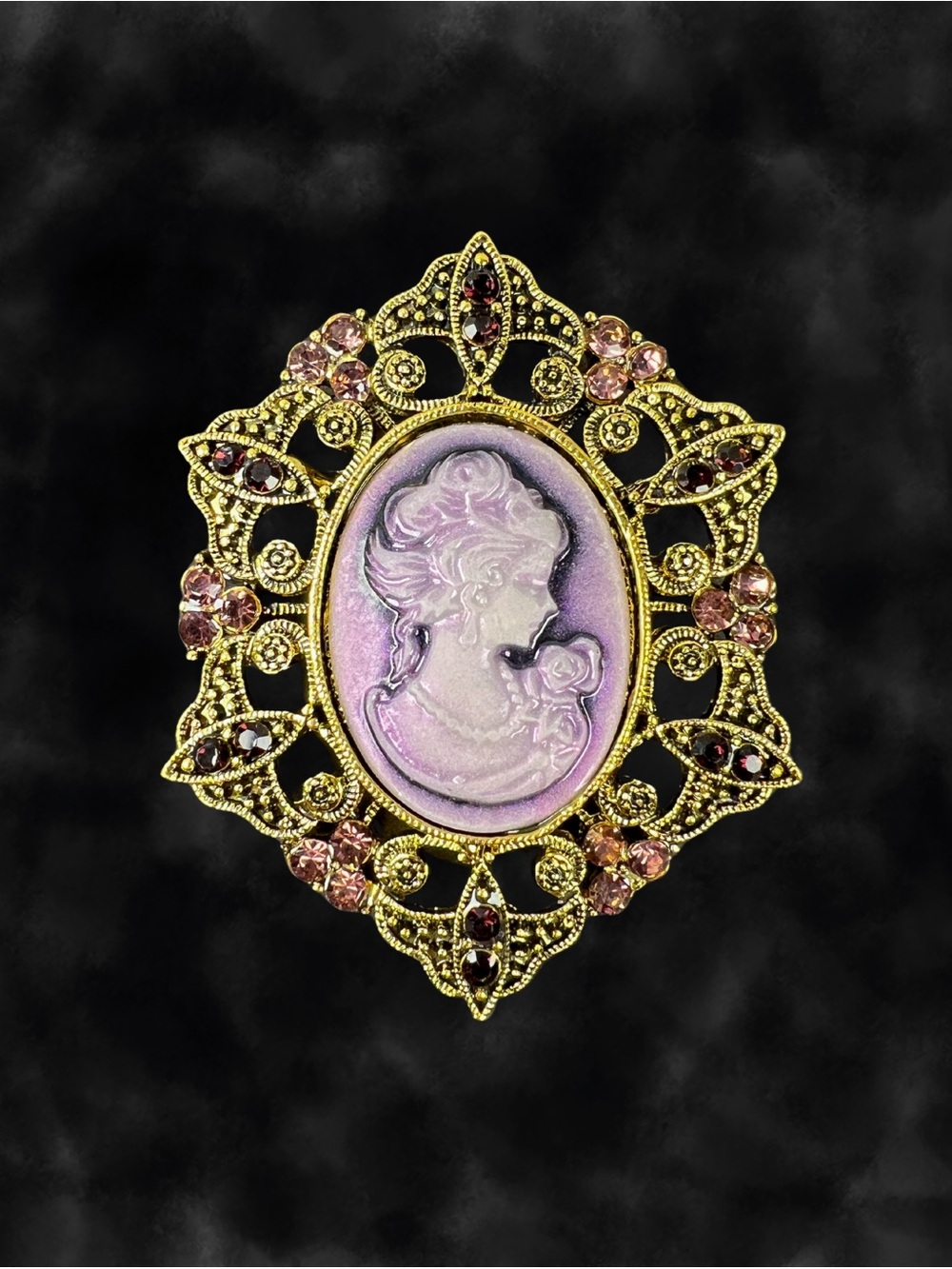 Vintage Inspired Purple Cameo Brooch Pink Rhinestone Victorian Revival 2 in